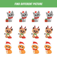 Find different kitten in each row. Logical game for kids. Cartoon cute cat. Christmas game. Vector