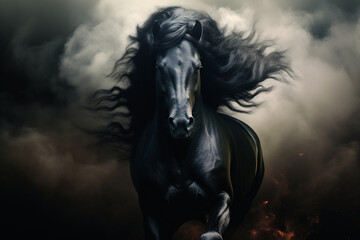 Obraz na płótnie Canvas Majestic Black Horse Emerging from Ethereal Smoky Darkness