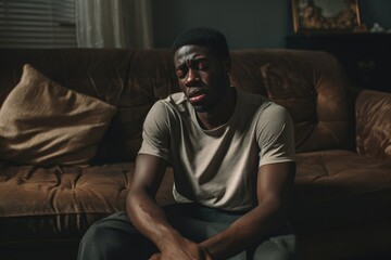 Obraz premium A solitary man finds solace on a worn couch, his tired face reflecting the comfort of his surroundings as he sits against the wall, surrounded by familiar furniture