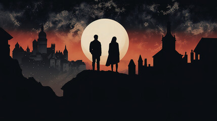 Silhouette of 2 people in front of the murky city scenery , Created ai generated.