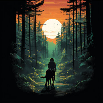Silhouette of a dog in the forest, Created by ai generated.