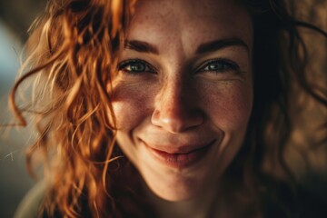 Captivating and carefree, a girl with auburn locks and bright eyes smiles, her portrait showcasing the beauty of the human face in stunning detail - obrazy, fototapety, plakaty