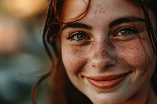 A beaming woman's close-up portrait showcases her natural beauty with radiant skin, raised eyebrows, defined lashes, and a contagious smile, evoking feelings of joy and confidence