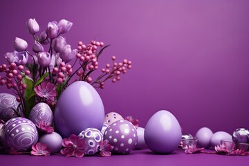 Easter eggs with flowers on purple background