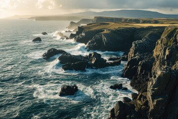 Majestic clouds roll over the rugged headland as the relentless tide crashes against the towering cliffs, creating a dramatic seascape that embodies the wild beauty of nature