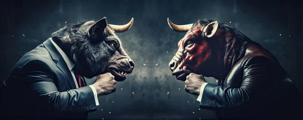 Zelfklevend Fotobehang Angry Bulls fight in suits. Bull market bussiness concept. © Michal