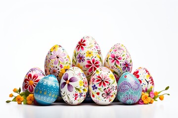 Fototapeta na wymiar Colorful easter eggs with flowers on white background