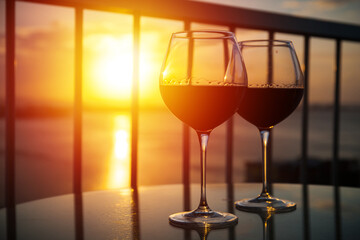 Two glasses with red wine in sunset