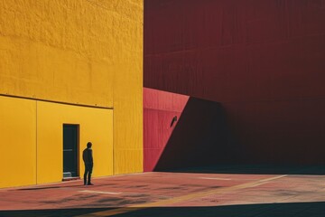 A solitary figure basks in the warm glow of a vibrant yellow and red building, casting a shadow on the abstract art that adorns its walls, standing on the ground as an ode to the beauty of outdoor ur
