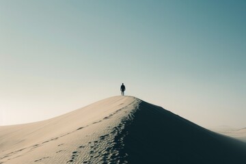 A solitary figure traverses the rolling sands of an aeolian landform, framed by a vast desert landscape and a vast blue sky, their footsteps blending with the singing sand as they ascend the steep sl