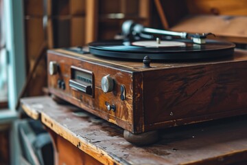 The warm wood of the table compliments the smooth curves of the vintage record player, inviting you to step into a world of nostalgic melodies and cherished memories - obrazy, fototapety, plakaty