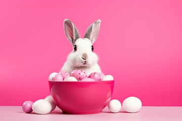 Cute bunny with easter eggs on pink background
