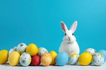 Fototapeta na wymiar Cute bunny with easter eggs on blue background