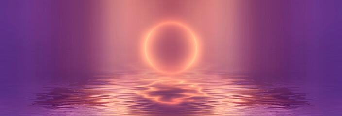 Abstract futuristic neon landscape with palm trees. 3D illustration