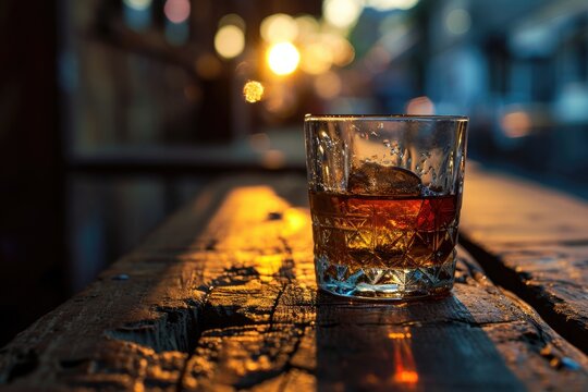 A glowing highball glass of amber whiskey sits on a rustic wooden bar, reflecting the vibrant city lights as a symbol of relaxation and indulgence in the bustling nightlife