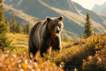 A grizzly bear standing tall in a lush mountain meadow