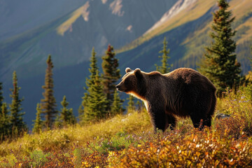 A grizzly bear standing tall in a lush mountain meadow