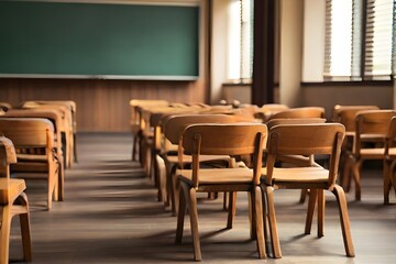 Empty classroom with vintage tone wooden chairs. Back to school concept Generative Ai