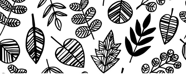 Seamless pattern  with leaves . Hand drawn black brush botanical ornament. Hand drawn vector eucalyptus, laurel twigs. Dry brush style floral motives. Monochrome print.
