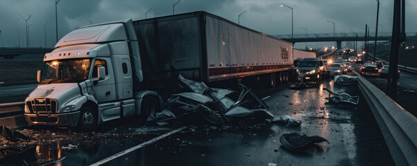 Heavy truck accident in evening on highway.