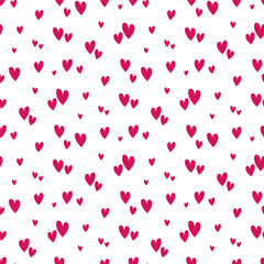 Small pink hearts isolated on a white background. Cute monochrome seamless pattern. Vector simple flat graphic illustration. Texture.