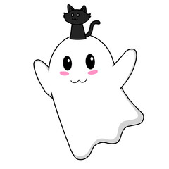 Cute halloween ghost with black cat on his head. Vector Halloween concept, Cartoon Ghosts, Spooky vector, White ghost with black eyes, 