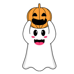Cute halloween ghost raises pumpkin above his head. Vector Halloween concept, Cartoon Ghosts, Spooky vector, White ghost with black eyes, 