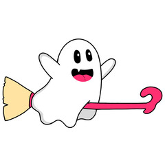 Cute halloween ghost riding a pink witch's broom. Vector Halloween concept, Cartoon Ghosts, Spooky vector, White ghost with black eyes, 