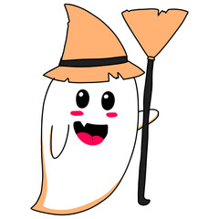 Cute halloween ghost wearing a witch hat and holding a witch's broom. Vector Halloween concept, Cartoon Ghosts, Spooky vector, White ghost with black eyes, 