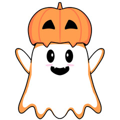 Cute halloween ghost wearing a pumpkin hat. Vector Halloween concept, Cartoon Ghosts, Spooky vector, White ghost with black eyes, 