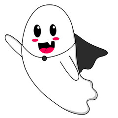 Cute halloween ghost flying wearing dracula cape. Vector Halloween concept, Cartoon Ghosts, Spooky vector, White ghost with black eyes, 