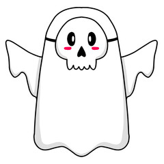 Cute halloween ghost wearing skull mask. Vector Halloween concept, Cartoon Ghosts, Spooky vector, White ghost with black eyes, 