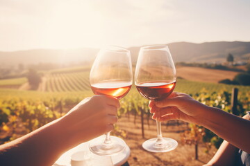 Two friends toasting with wine glasses in a vineyard - obrazy, fototapety, plakaty