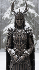 A dark knight statue standing under snow 
