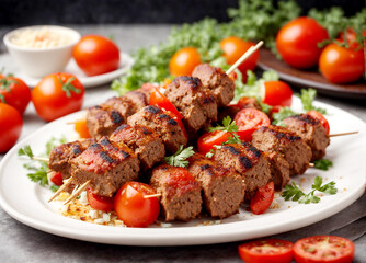 shick kebab on skewers with tomato and paper in white plate withe a background