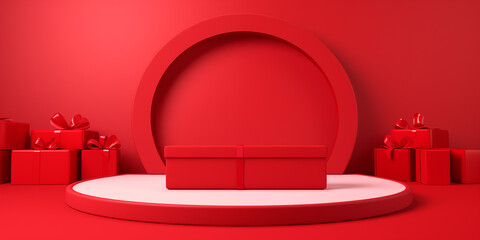 3d rendering of blank product background for cream cosmetics modern red podium podium for product presentation with red curtains.AI Generative