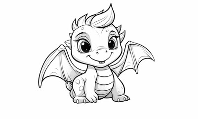 Funny smiling little dragon with wings and beautiful eyes  as colouring page for children.  - obrazy, fototapety, plakaty