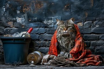 cat in a street situation, abandonment, drunk, alcoholic and poor cat, homeless, generative AI