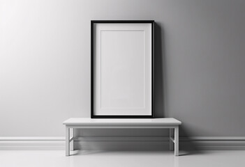 Thin Empty black vertical frame mockup on a white stool laying in front of studio wall with no decorations - obrazy, fototapety, plakaty