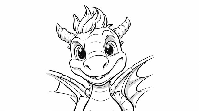Isolated smiling funny dragon with cute hair and horns as colouring page for children