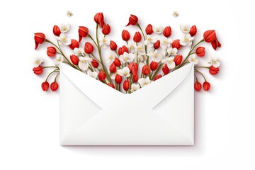 Blooming snowdrop flowers in letter envelope on white background