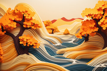 Paper Art Autumn Trees Waves Abstract 3D Design