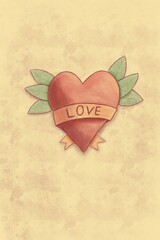 Heart with ribbon and leaves. Romantic illustration for the Valentines Day.