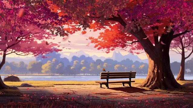 Spring scenery. Spring forest path. pink sakura color tree, benches in a city park with beautiful view. Nature scene in sunset. Cartoon or anime illustration video style background 