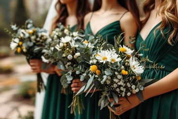 Green Charm: Bridesmaids, dressed in shades of green, contribute to the elegance and tradition of the wedding ceremony, creating a beautiful and joyful ambiance on this special occasion.





 - obrazy, fototapety, plakaty