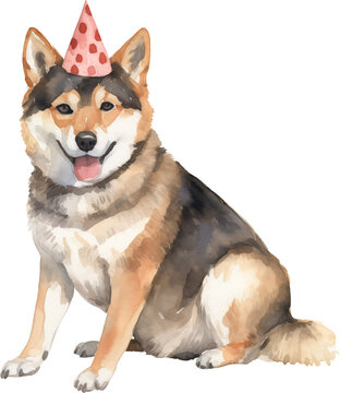 Dog in birthday hat illustration created with Generative AI technology