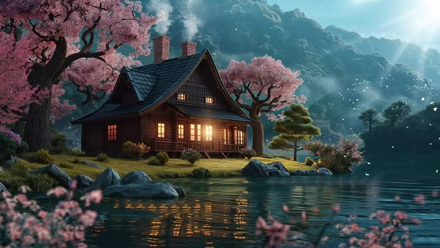 Anime video background beautiful view of paradise fantasy island with rainbow, lake, mountain, wooden house cartoon style video art design