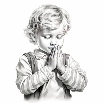 Cute little boy praying with both hands wishing and giving thanks to God, children sketch illustration drawn in pencil