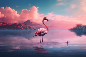 Pink flamingo stands on the lake - obrazy, fototapety, plakaty