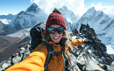 Fototapeta na wymiar Everest Triumph: A smiling native woman with a backpack takes a selfie near the Everest summit, exuding joy and triumph in her incredible travel adventure through the Himalayas.